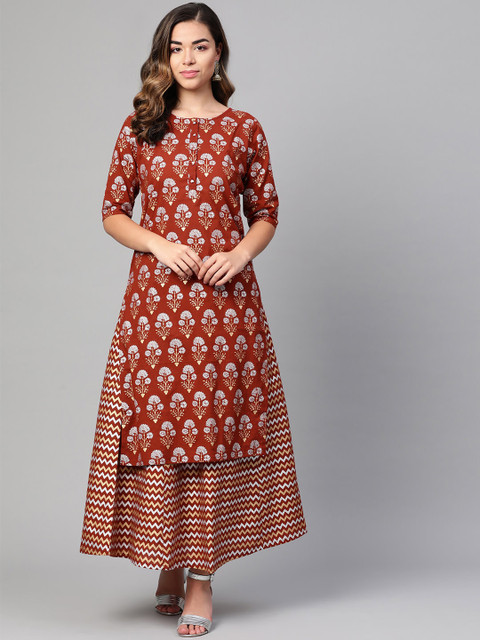 

Myshka Women Maroon & White Printed Kurta with Skirt