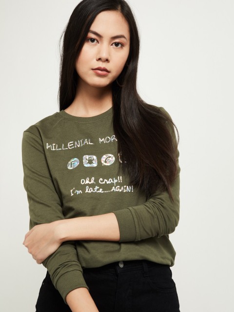 

max Women Green & Off-White Printed Sweatshirt