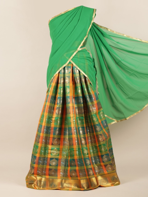 

Pothys Green & Gold-Toned Poly Chiffon Woven Design Half Saree