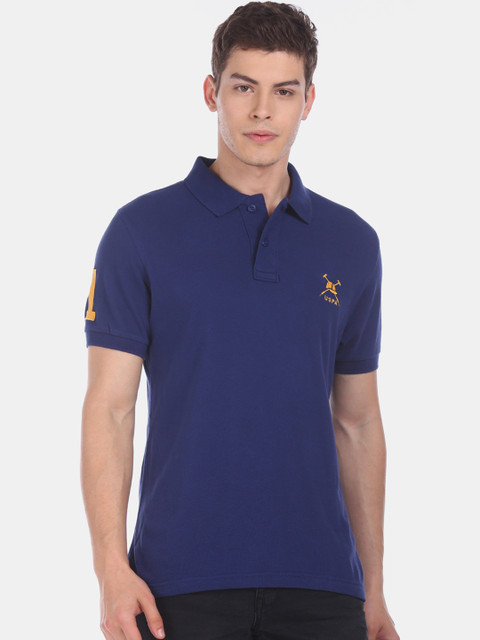 

U.S. Polo Assn. Men Blue Solid Cotton Polo Collar Pure Cotton T-shirt