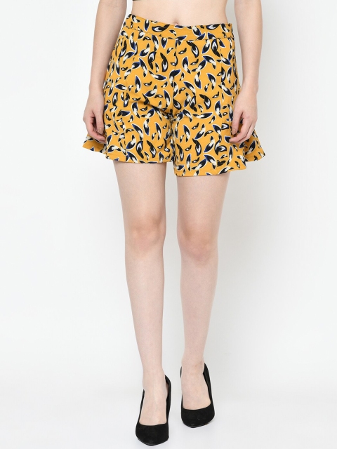 

Meee Women Mustard Yellow & Black Printed Regular Fit Regular Shorts