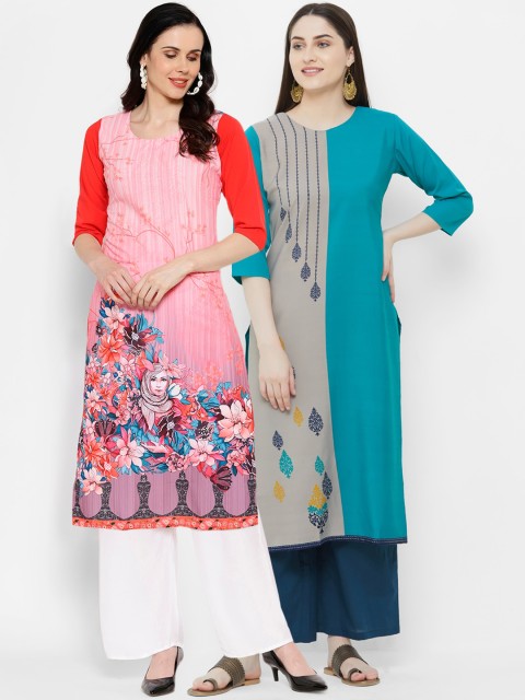 

7Threads Women Pack of 2 Pink & Blue Printed Straight KurtaS