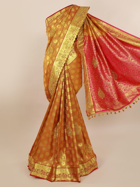

Pothys Gold-Toned & Coral Pure Silk Woven Design Kanjeevaram Saree