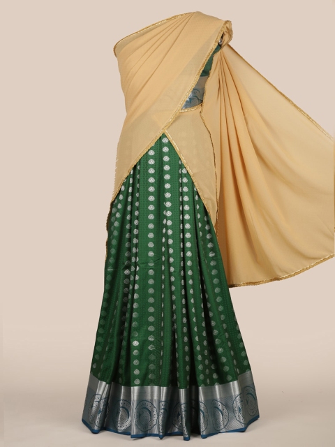 

Pothys Cream-Coloured & Green Poly Chiffon Woven Design Lehenga Half Saree