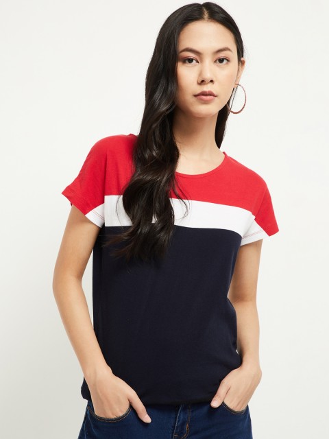 

max Women Navy Blue & Red Colourblocked Round Neck Cotton T-shirt