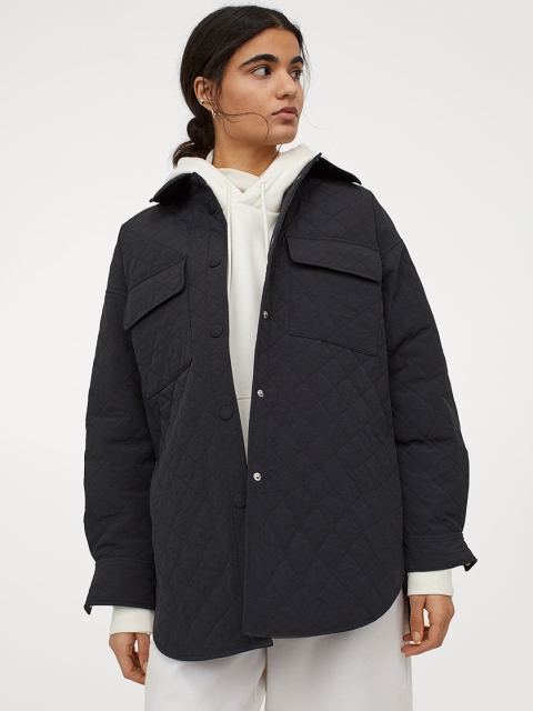

H&M Women Black Quilted Shirt Jacket