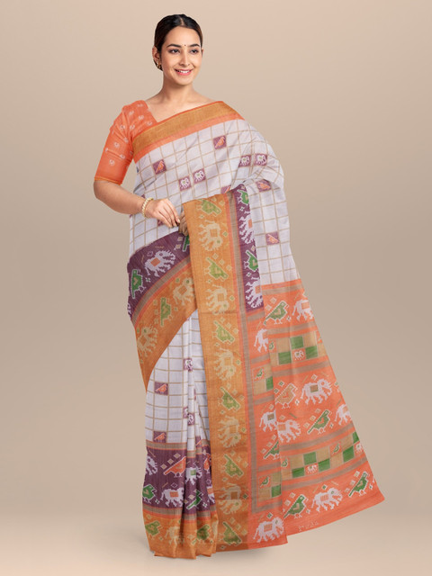 

KLM Fashion Mall White & Orange Linen Blend Checked Saree