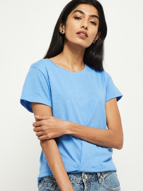

max Women Blue Solid Round Neck Pure Cotton T-shirt