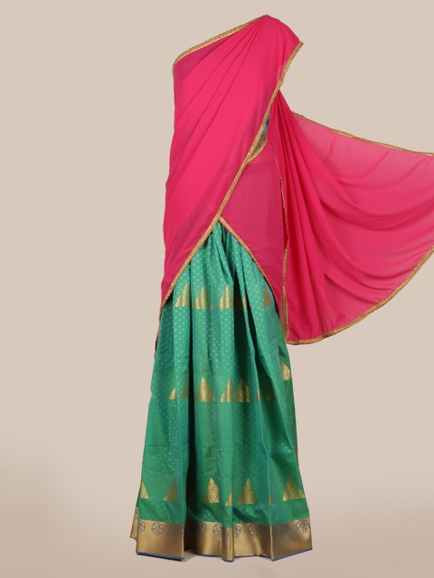 

Pothys Pink & Green Poly Chiffon Solid Lehenga Half Saree