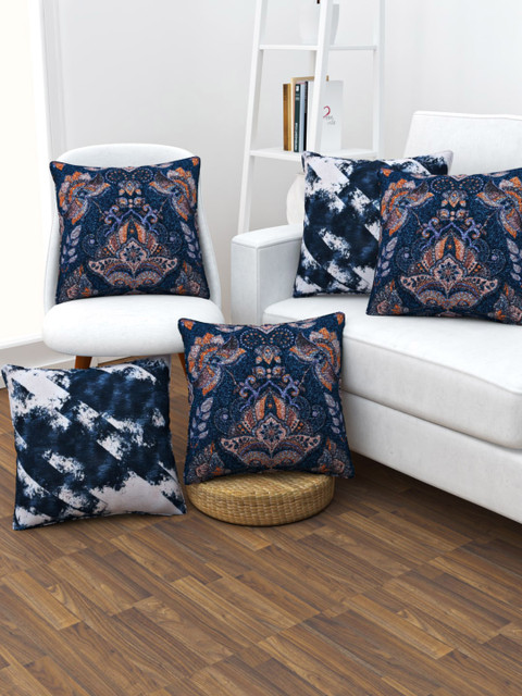 

SHIVANAA HOMES Navy Blue & Orange Set of 5 Ethnic Motifs Square Cushion Covers