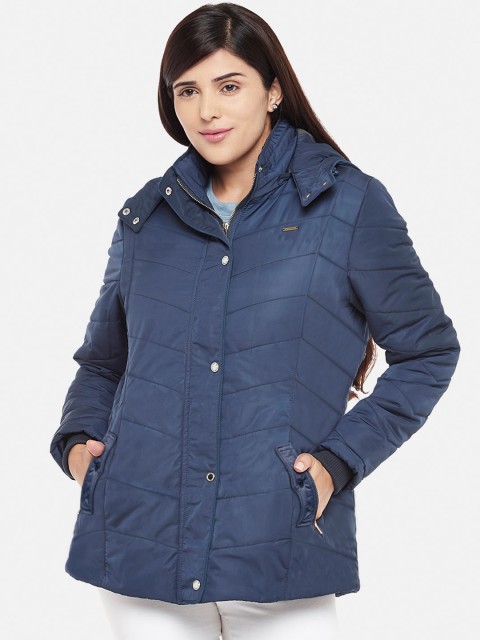 Kosha Women Navy Blue Solid Windcheater and Water Resistant Padded Jacket