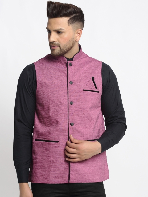 

Jompers Men Purple Coloured & Black Solid Woven Nehru Jacket