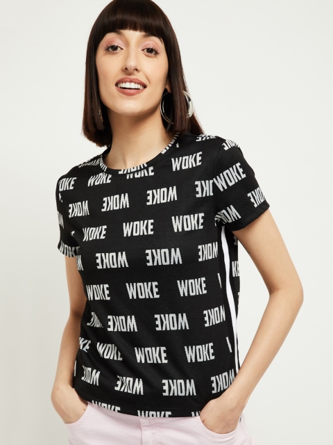 max Women Black & White Printed Round Neck T-shirt