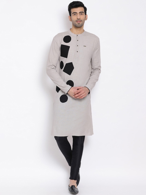 DEVOILER Men Grey Colourblocked Thread Work Kurta