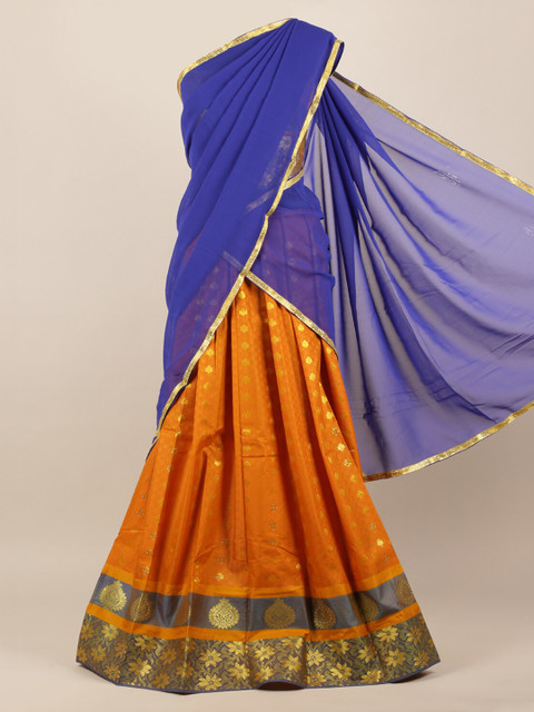 

Pothys Blue & Yellow Poly Chiffon Woven Design Half Saree
