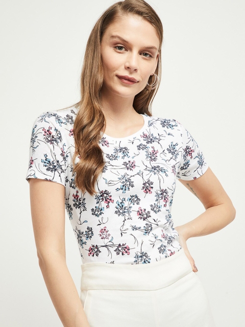 

max Women White Printed Round Neck Pure Cotton T-shirt