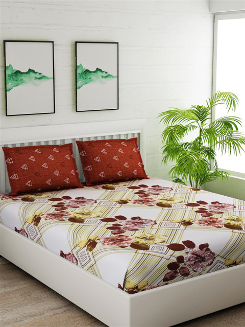 

Salona Bichona White & Maroon Floral 144 TC Cotton 1 Queen Bedsheet with 2 Pillow Covers