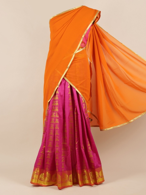 

Pothys Orange & Pink Poly Chiffon Woven Design Lehenga Half Saree