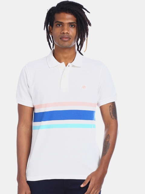 

Aeropostale Men White & Blue Striped Polo Collar T-shirt