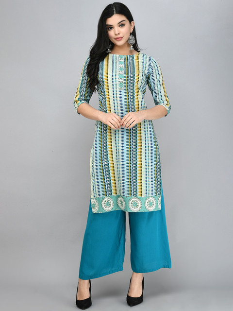 

Myshka Women Blue & Yellow Printed Straight Kurta