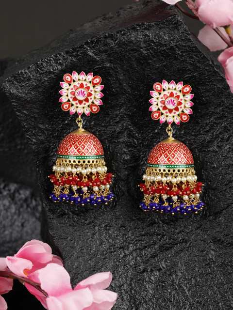 

Priyaasi Gold-Plated & Red Dome Shaped Jhumkas