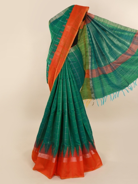 

Pothys Green & Orange Jute Silk Checked Saree