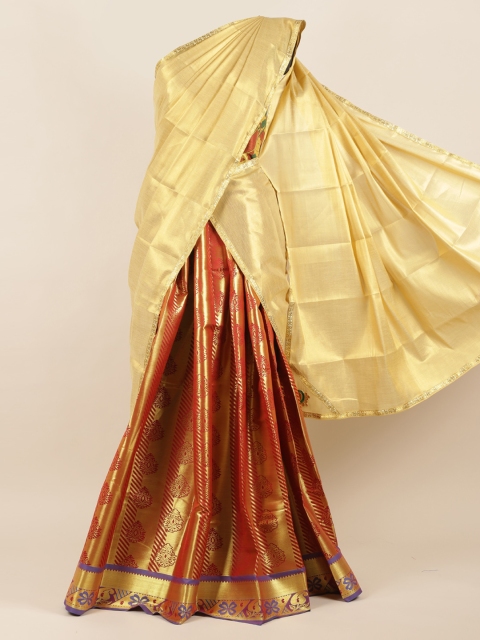 

Pothys Gold-Toned & Maroon Tissue Solid Half Saree