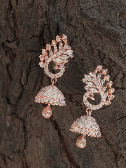 

Adwitiya Collection Rose Gold CZ Stone Studded Peacock Shaped Jhumkas