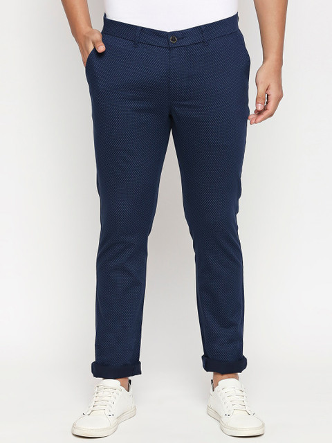 

Basics Men Navy Blue Tapered Fit Self Design Chinos