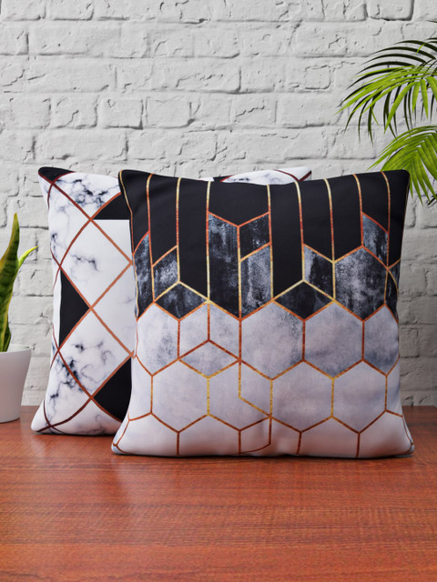 

SHIVANAA HOMES Grey & Black Set of 2 Geometric Square Cushion Covers