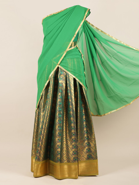 

Pothys Green & Gold-Toned Poly Chiffon Woven Design Half Saree