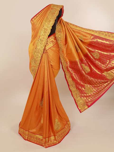 

Pothys Orange & Gold-Toned Pure Silk Woven Design Kanjeevaram Saree