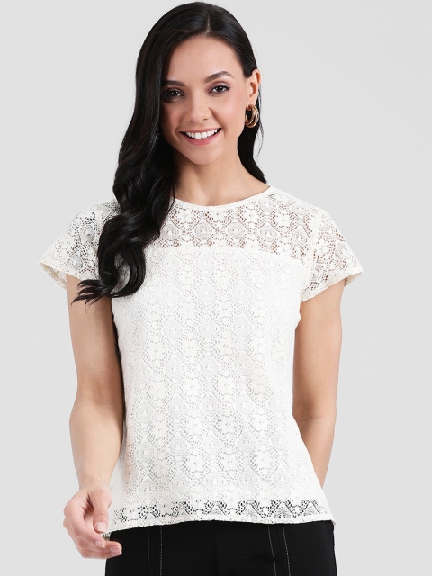 

Zink London Women White Self Design Round Neck Schiffli Top
