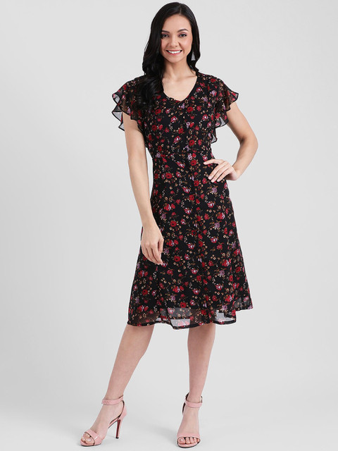 

Zink London Women Black & Red Floral Printed Fit and Flare Dress