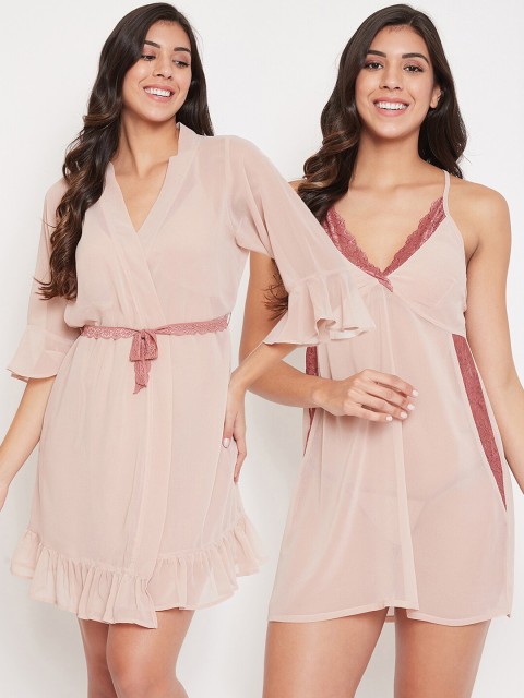 

Clovia Beige & Maroon Sheer Baby Doll With Matching Thong & Robe Set