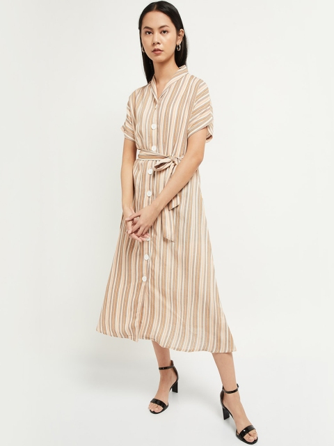 

max Women Beige & White Striped A-Line Dress