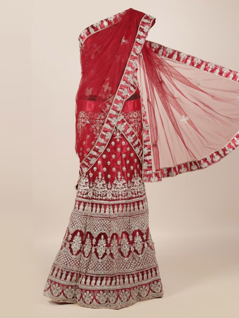 

Pothys Maroon & Gold-Toned Net Embroidered Traditional Half Saree