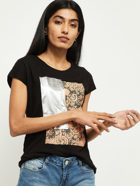 

max Women Black Printed Round Neck Cotton T-shirt