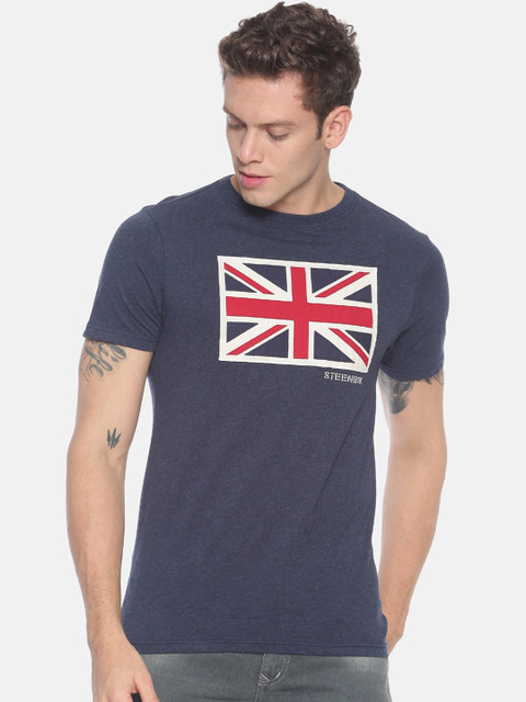 

Steenbok Men Navy Blue Printed Round Neck Pure Cotton T-shirt