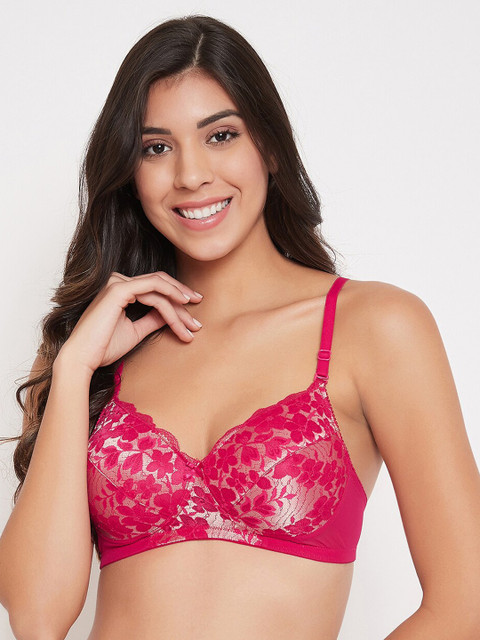 

Clovia Pink & Silver-Toned Lace Non-Wired Lightly Padded Everyday Bra