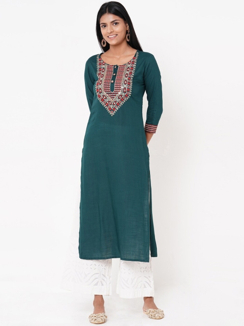 

FASHOR Women Green Embroidered Straight Kurta