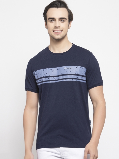 

Allen Cooper Men Navy Blue Slim Fit Striped Round Neck T-shirt