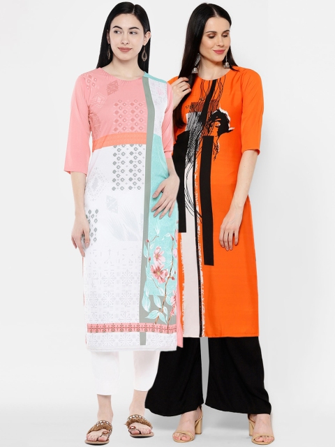 

7Threads Women Pack of 2 Pink & Orange Solid A-Line Kurtas