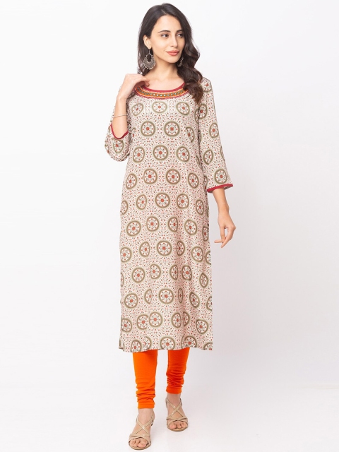 

Globus Women Beige & Green Floral Printed Straight Kurta