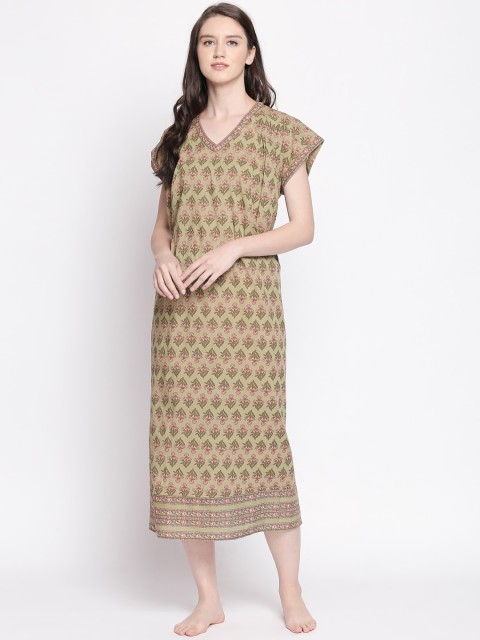 

RANGMANCH BY PANTALOONS Green & Beige Printed Nightdress