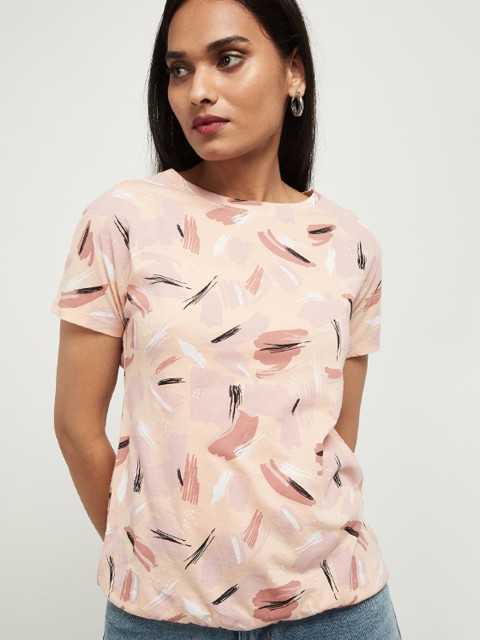 

max Women Pink Printed Round Neck Pure Cotton T-shirt