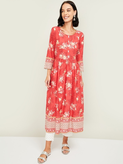 

Melange by Lifestyle Women Coral Pink & White Floral Printed Anarkali Kurta