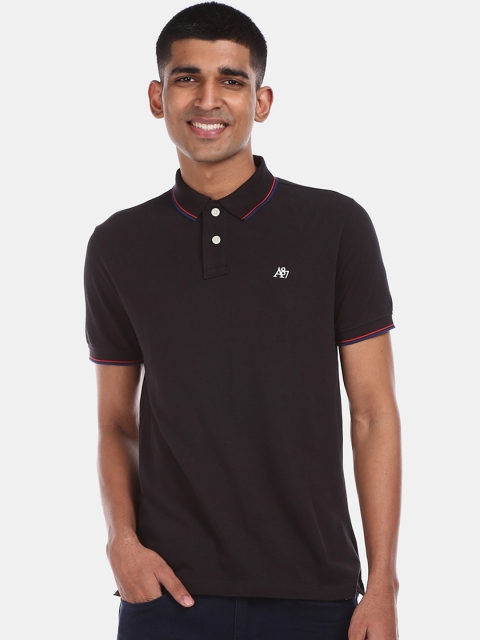 

Aeropostale Men Black Solid Polo Collar Cotton T-shirt