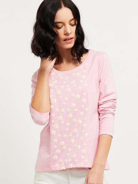 

max Women Pink Floral Print Round Neck Tshirt