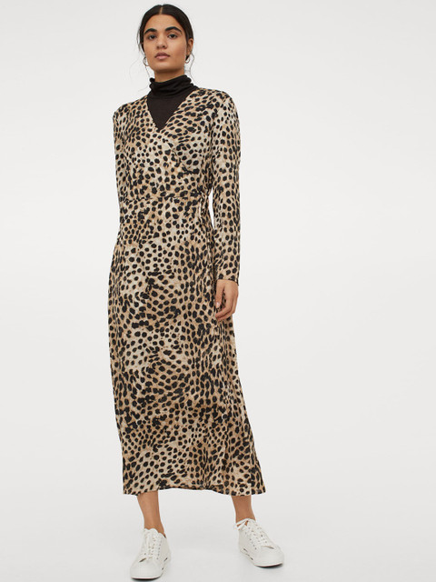 

H&M Women Sustainable Beige & Black Printed Calf-Length Wrap Dress